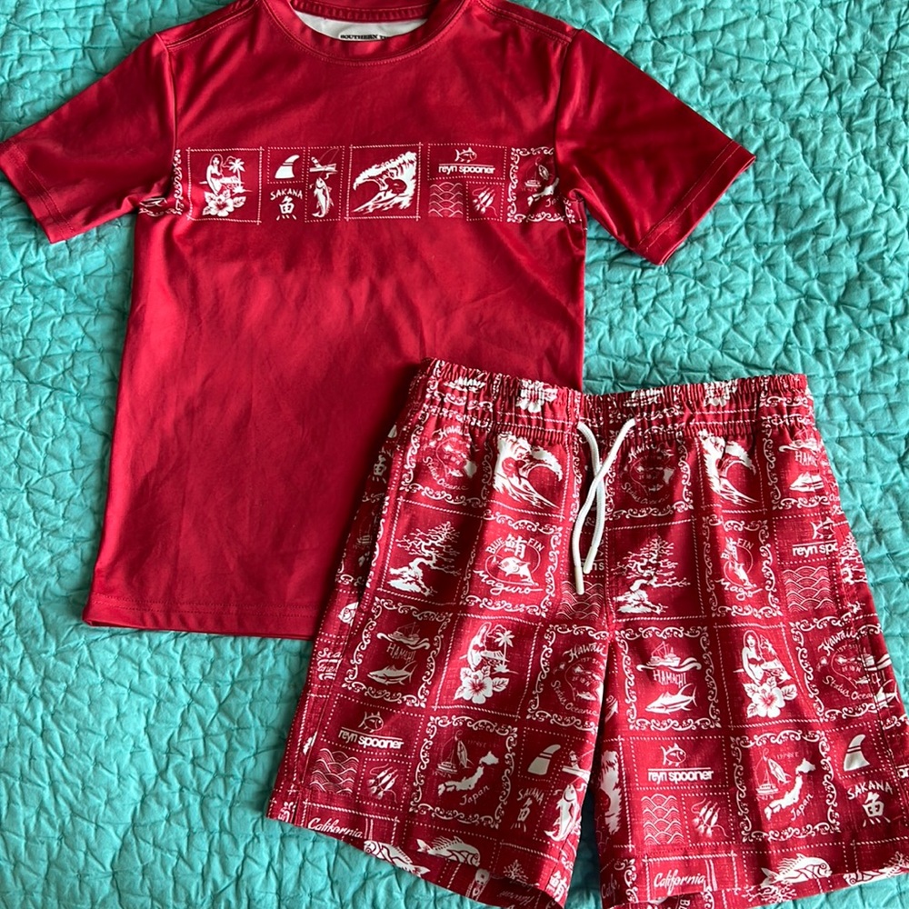 Reyn Spooner by Southern Tide swim trunks and rash guard
